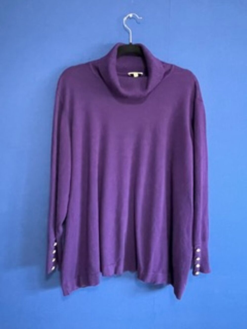 Laura Plus Royal Purple Turtleneck Sweater with Pearl Button Cuffs - Size 3X